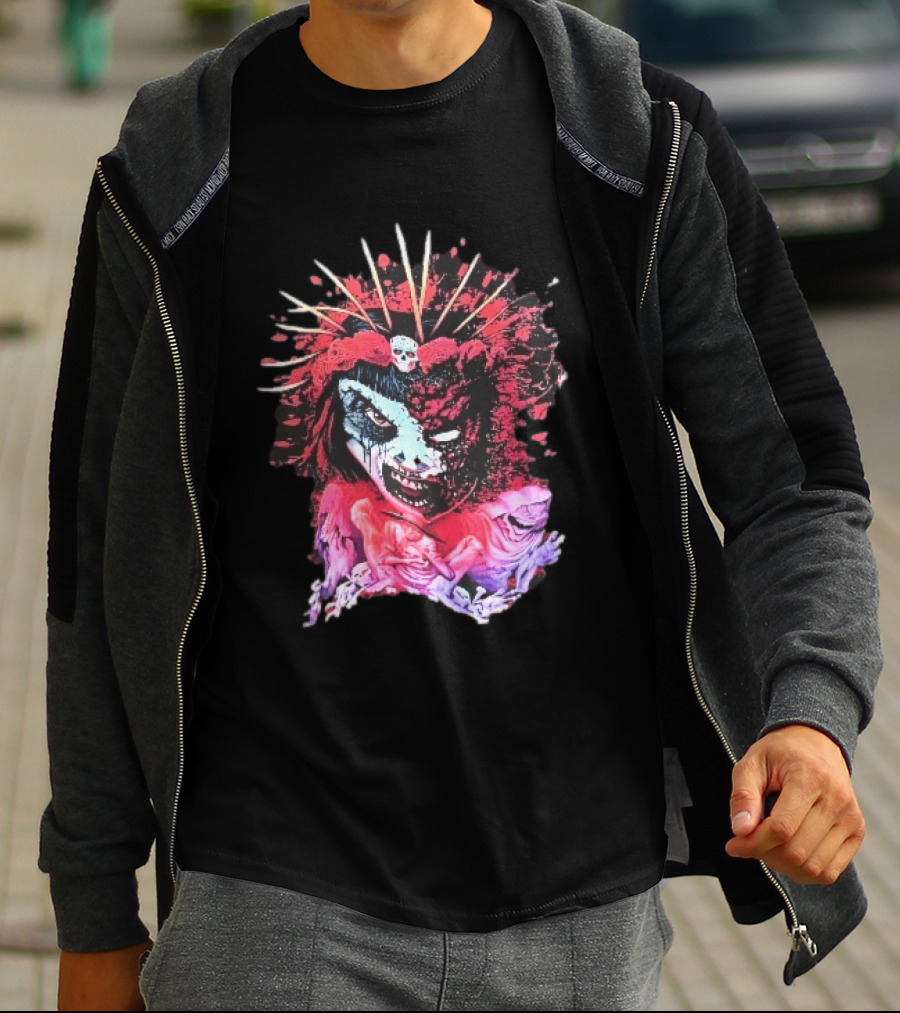Demonic Japanese Geisha Skull Crown With Red Paint Splatter And Floral T-Shirt