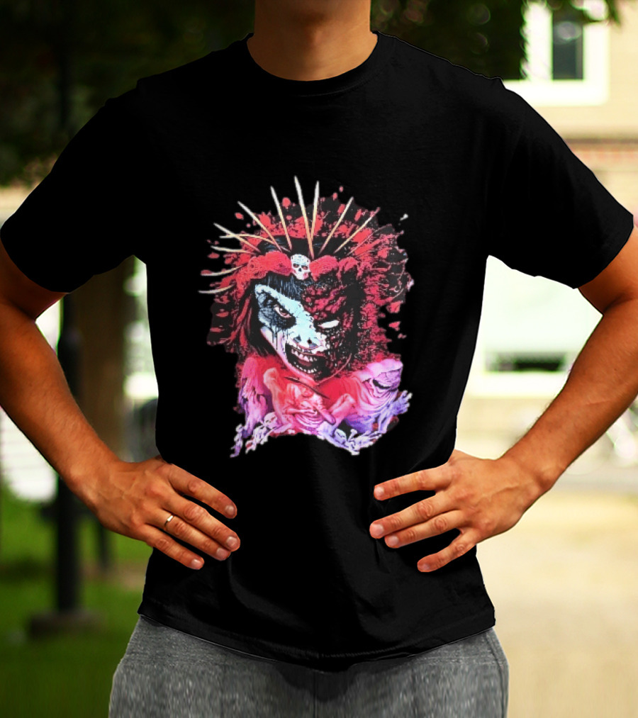Demonic Japanese Geisha Skull Crown With Red Paint Splatter And Floral T-Shirt