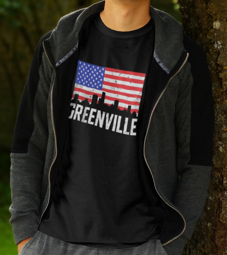 Greenville Skyline American Flag Cityscape T-Shirt