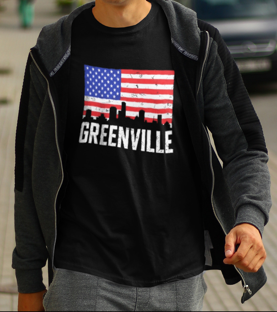 Greenville Skyline American Flag Cityscape T-Shirt