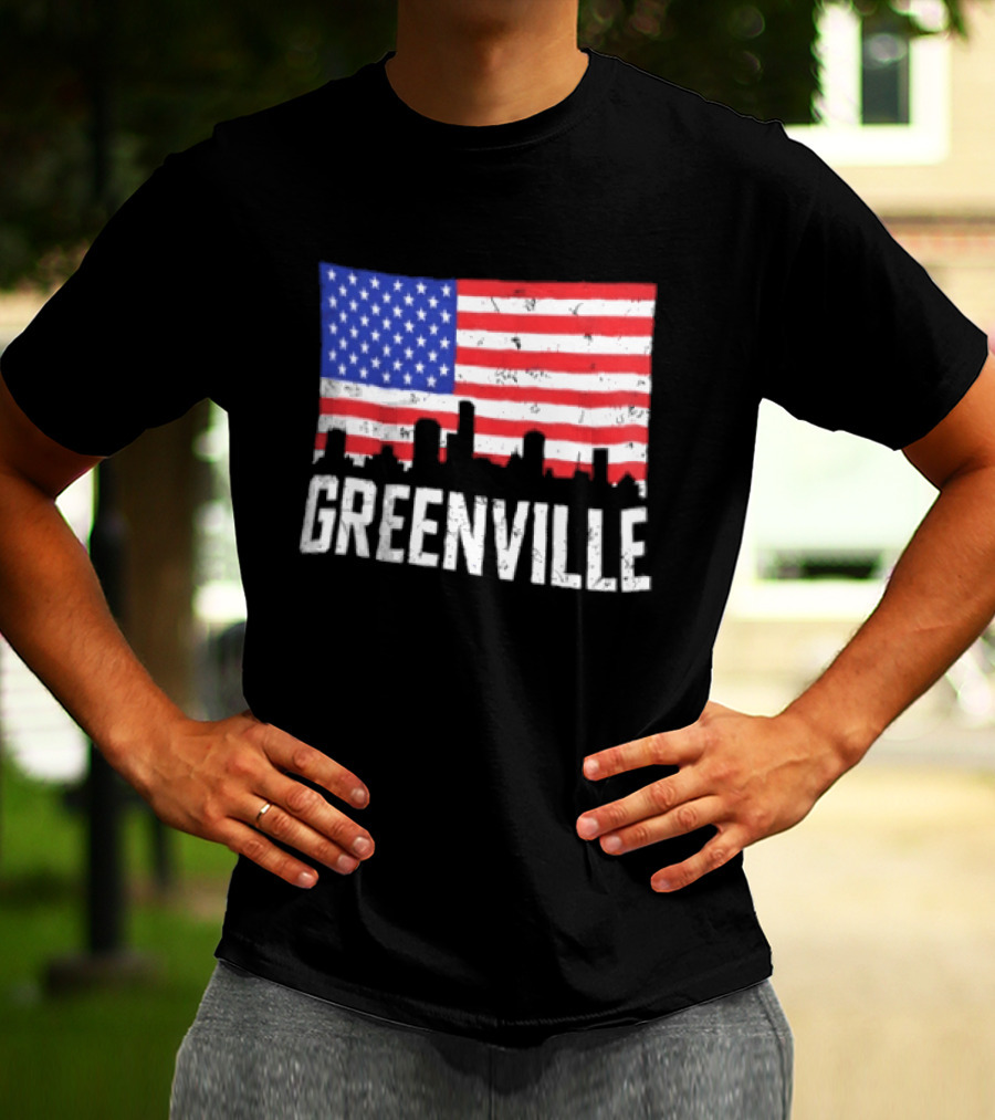 Greenville Skyline American Flag Cityscape T-Shirt