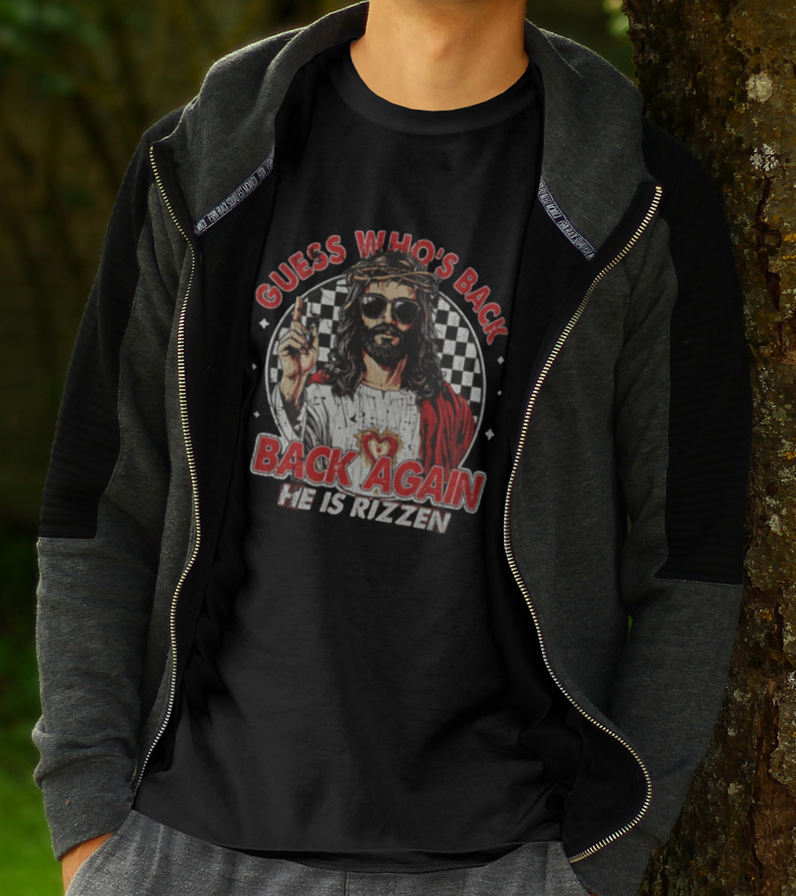Guess Who's Back Back Again He Is Rizzen Jesus Retro Sunglasses And Red Cloak T-Shirt
