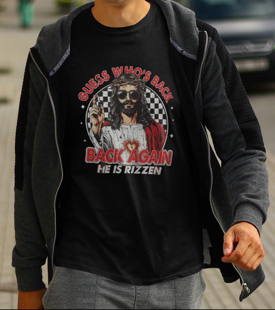 Guess Who's Back Back Again He Is Rizzen Jesus Retro Sunglasses And Red Cloak T-Shirt