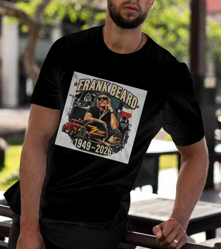 Frank Beard ZZ Top Rock Texas Drummer 1949 2026 Vintage Car And Drumsticks T-Shirt