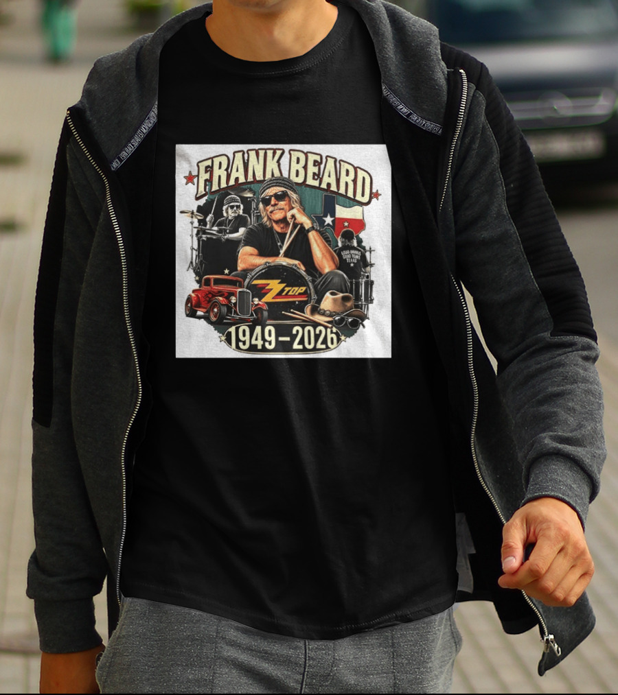 Frank Beard ZZ Top Rock Texas Drummer 1949 2026 Vintage Car And Drumsticks T-Shirt