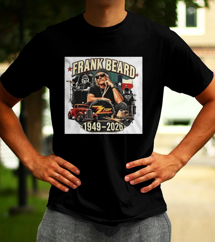 Frank Beard ZZ Top Rock Texas Drummer 1949 2026 Vintage Car And Drumsticks T-Shirt