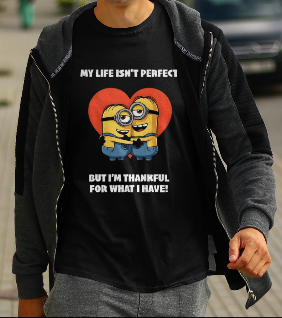Minions My Life Isn't Perfect But I'm Thankful For What I Have Hugging Cartoon Characters T-Shirt
