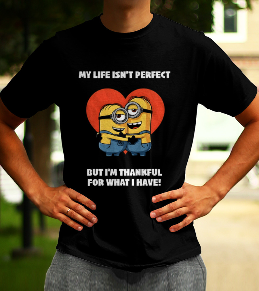 Minions My Life Isn't Perfect But I'm Thankful For What I Have Hugging Cartoon Characters T-Shirt