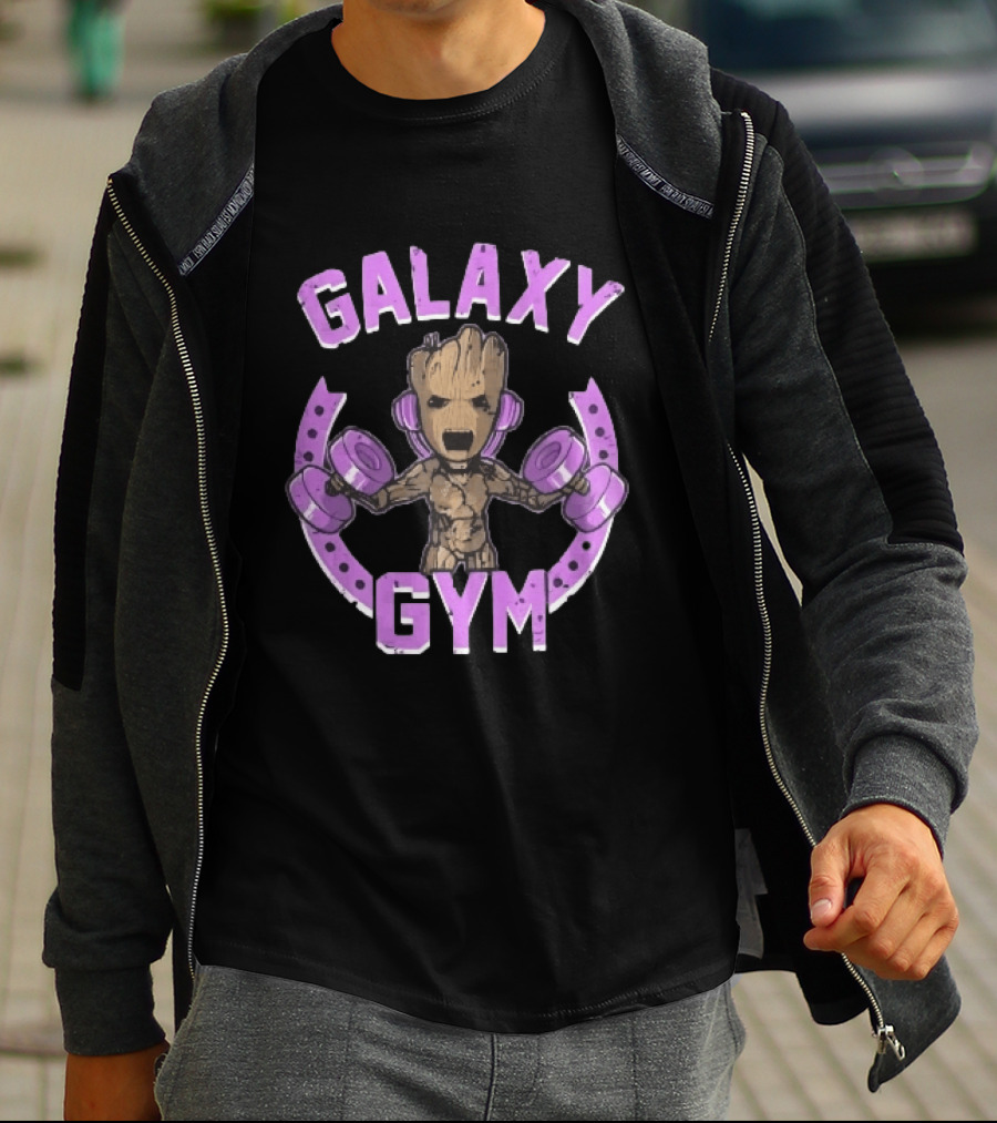 Galaxy Gym Cartoon Tree Lifting Dumbbells Headphones T-Shirt
