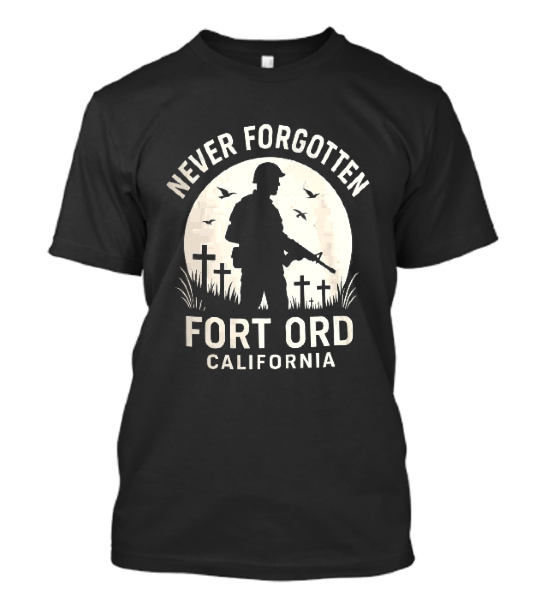 Never Forgotten Fort Ord California Soldier Moon Crosses Birds T-Shirt