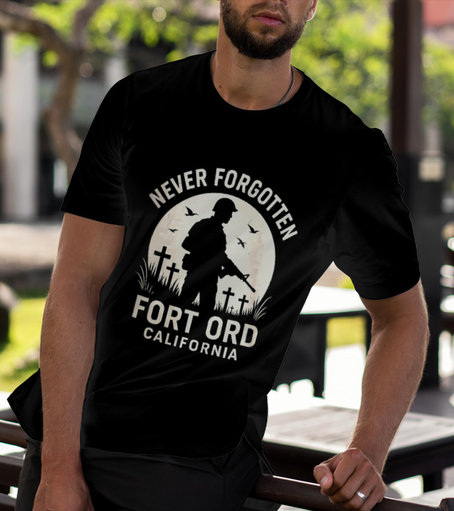 Never Forgotten Fort Ord California Soldier Moon Crosses Birds T-Shirt