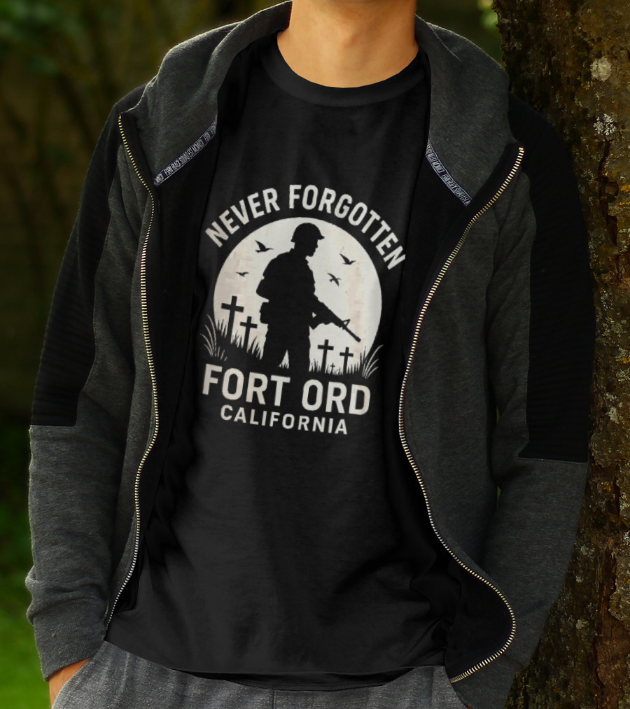 Never Forgotten Fort Ord California Soldier Moon Crosses Birds T-Shirt