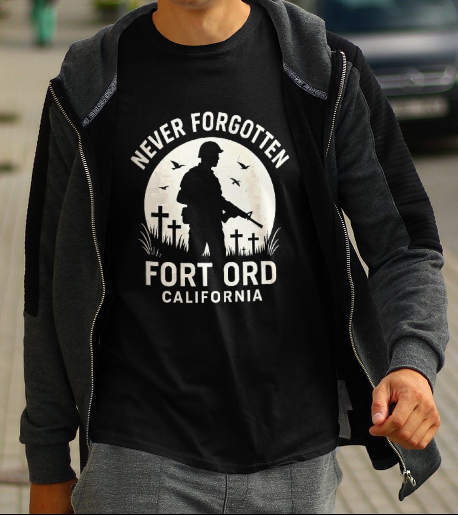Never Forgotten Fort Ord California Soldier Moon Crosses Birds T-Shirt