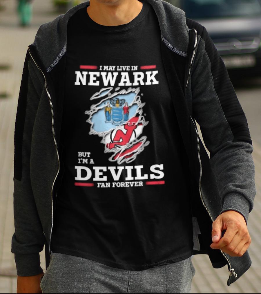 New Jersey Devils Fan Forever I May Live In Newark Ripped Hole Flag T-Shirt