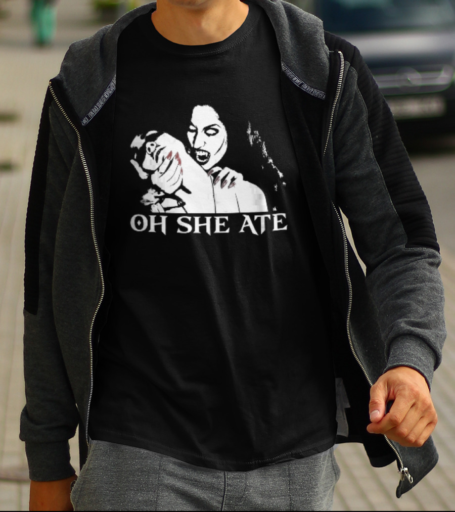 Oh She Ate Female Vampire Biting Neck Red Nails Stencil T-Shirt