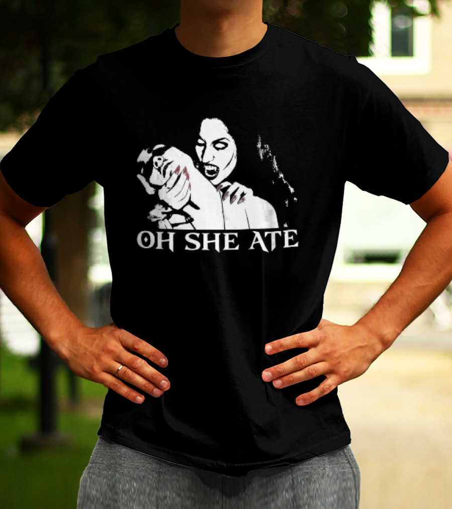 Oh She Ate Female Vampire Biting Neck Red Nails Stencil T-Shirt