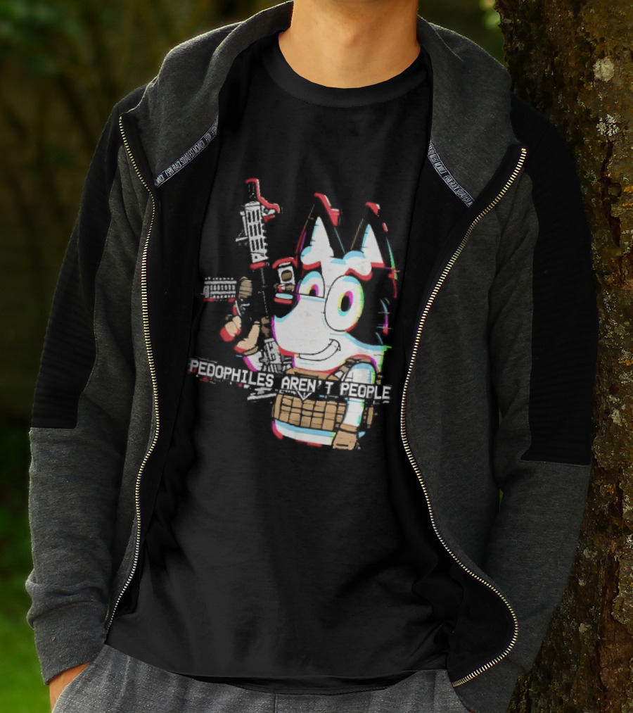 Pedophiles Aren't People Cartoon Dog Tactical Vest Assault Rifle Glitch Effect T-Shirt
