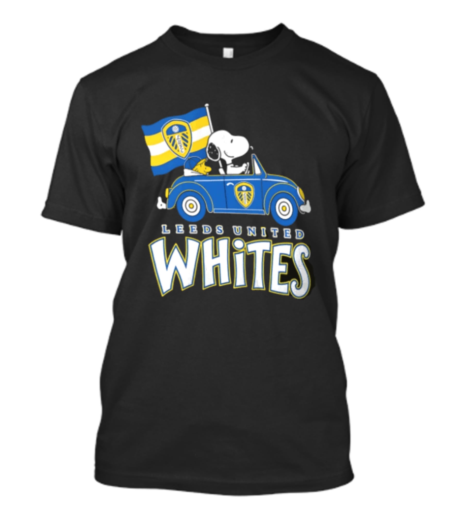 Leeds United Whites Snoopy Car Driving With Flag T-Shirt