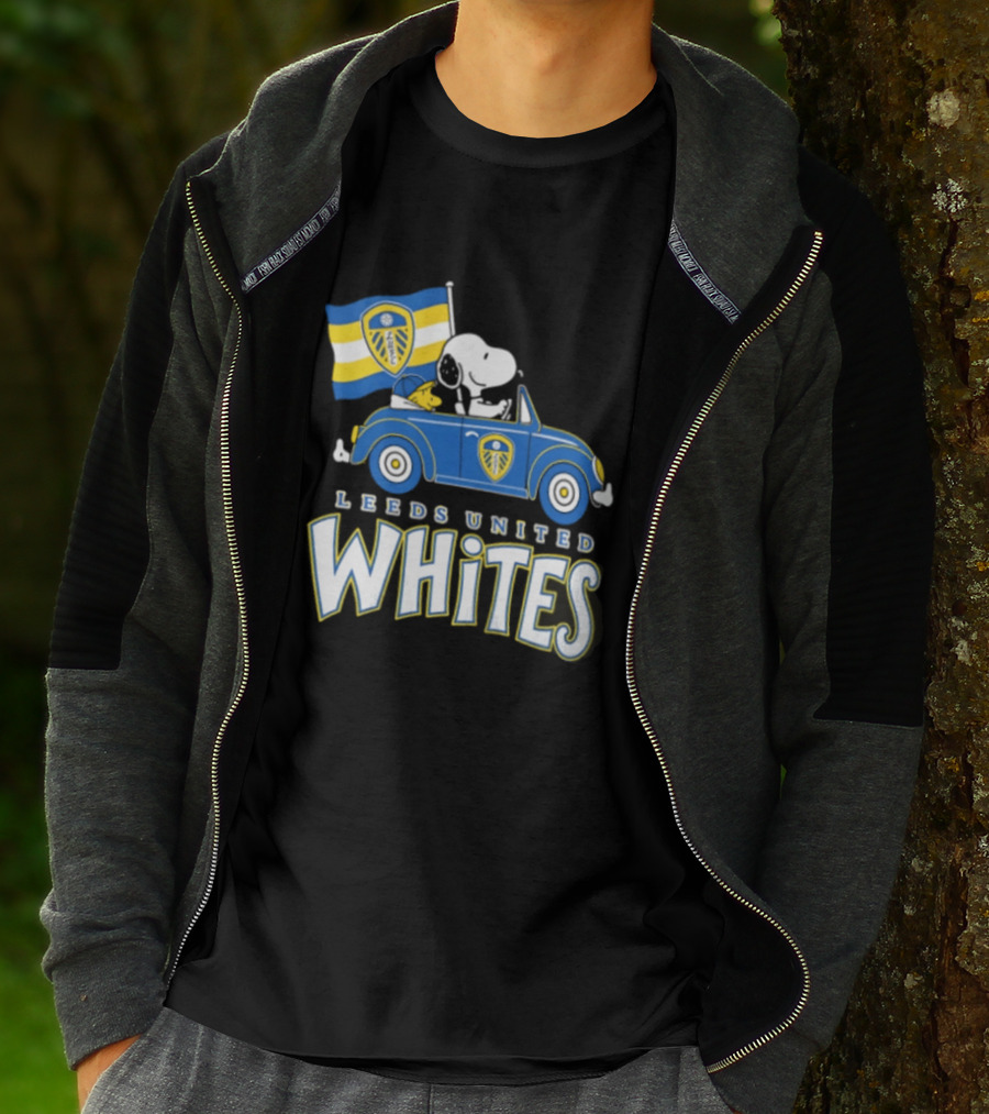 Leeds United Whites Snoopy Car Driving With Flag T-Shirt