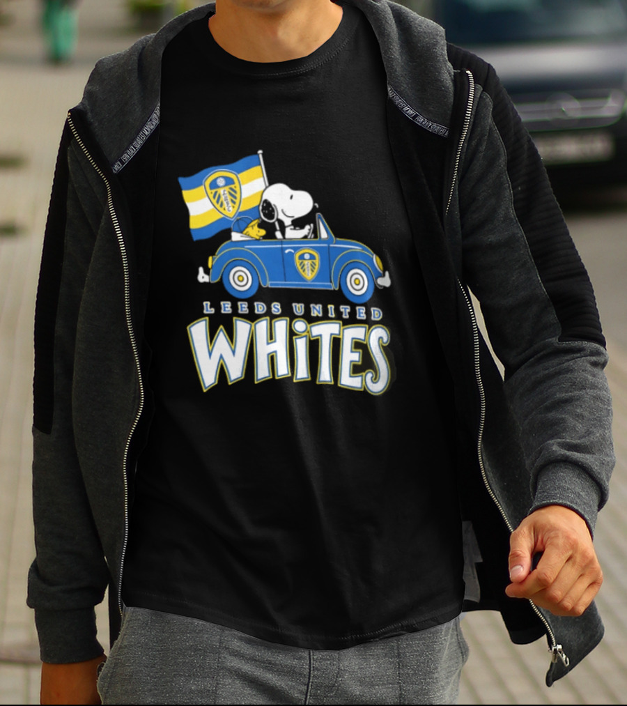Leeds United Whites Snoopy Car Driving With Flag T-Shirt