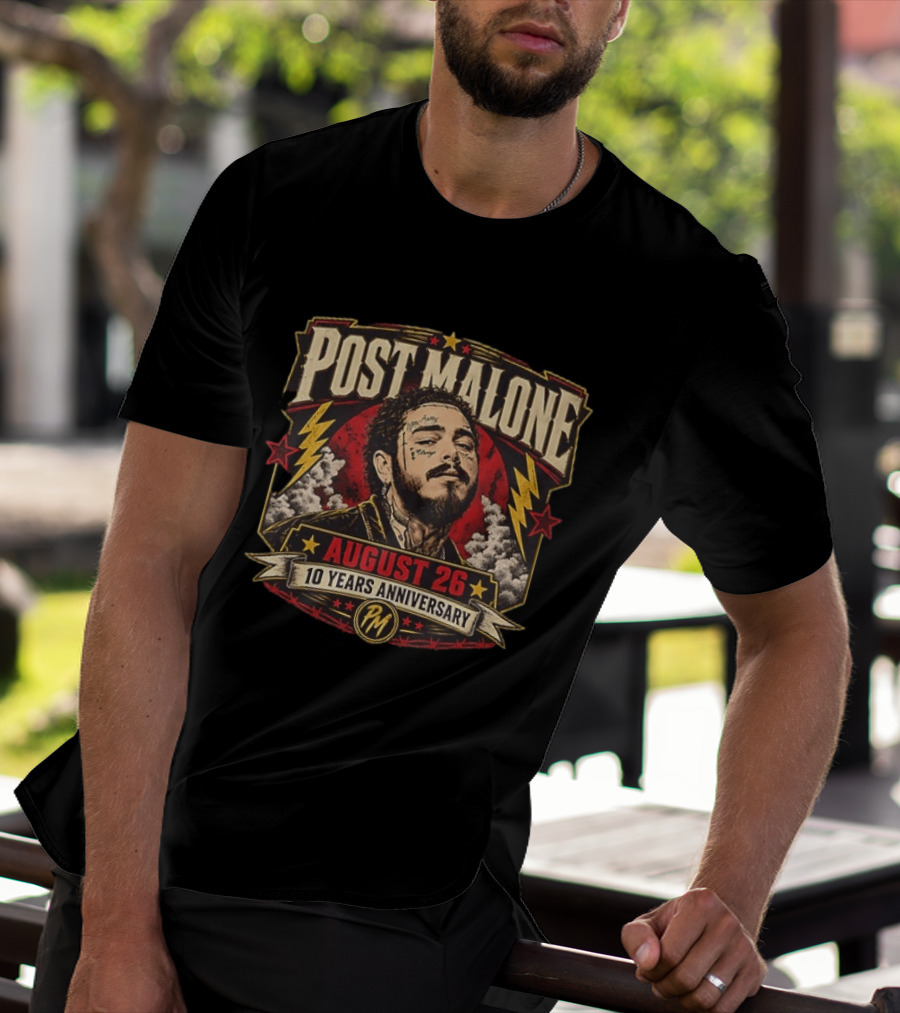 Post Malone August 26 10 Years Anniversary Retro Style Lightning Bolts And Stars T-Shirt