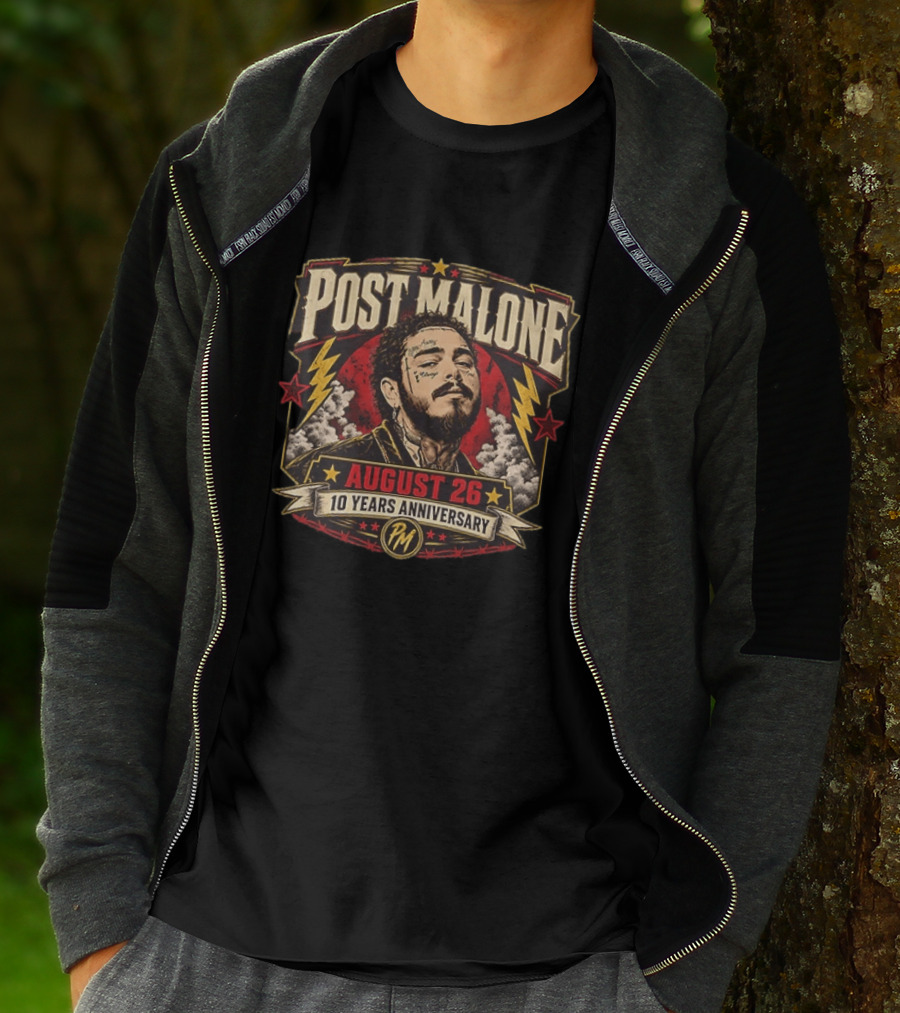 Post Malone August 26 10 Years Anniversary Retro Style Lightning Bolts And Stars T-Shirt