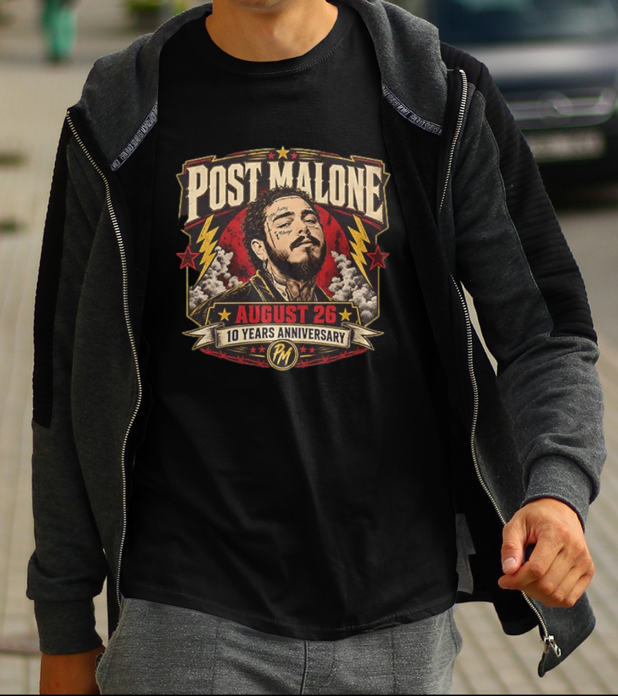 Post Malone August 26 10 Years Anniversary Retro Style Lightning Bolts And Stars T-Shirt