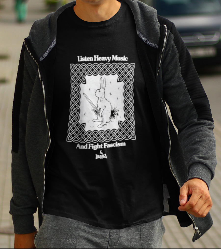 Listen Heavy Music And Fight Fascism Bunny With Sword Celtic Knot Frame T-Shirt