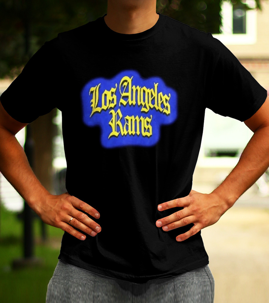 Los Angeles Rams Yellow Gothic Letters Blue Aura T-Shirt