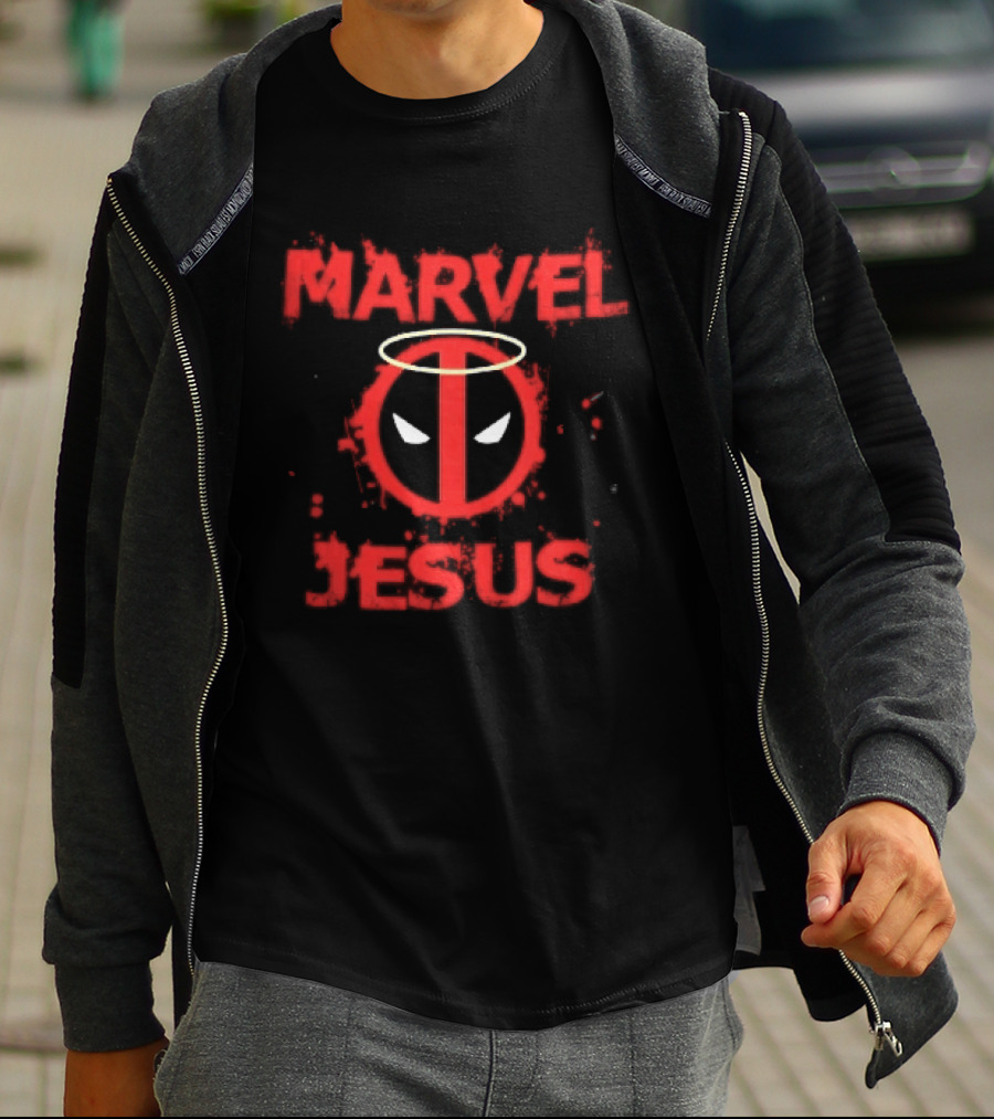 Marvel Jesus Distressed Deadpool Mask Yellow Halo Splatter T-Shirt