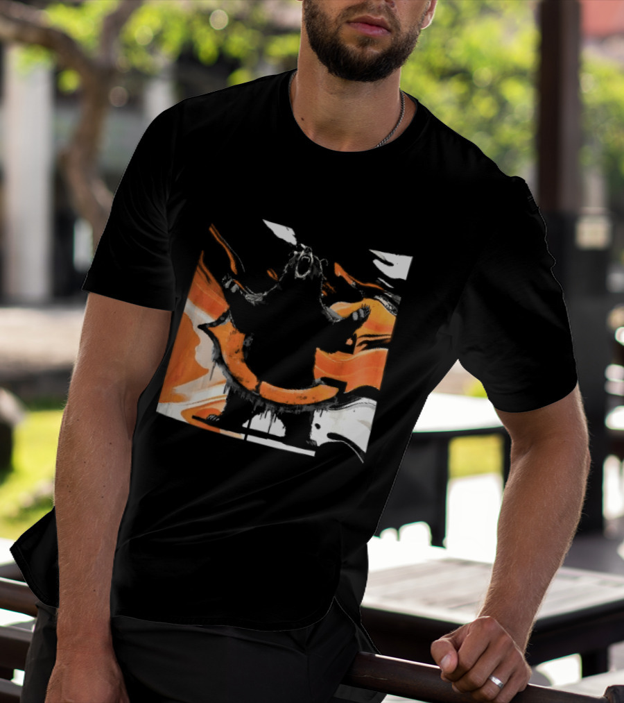 Roaring Black Bear Orange Liquid Swirls Dripping Banner T-Shirt