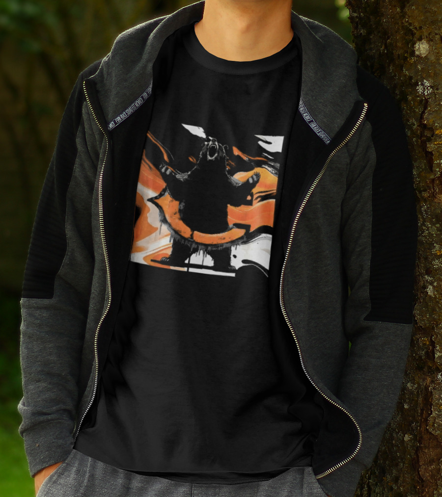 Roaring Black Bear Orange Liquid Swirls Dripping Banner T-Shirt