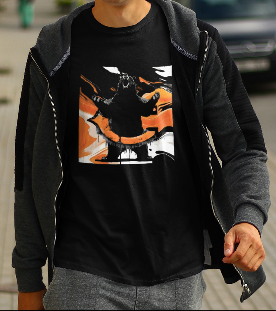 Roaring Black Bear Orange Liquid Swirls Dripping Banner T-Shirt
