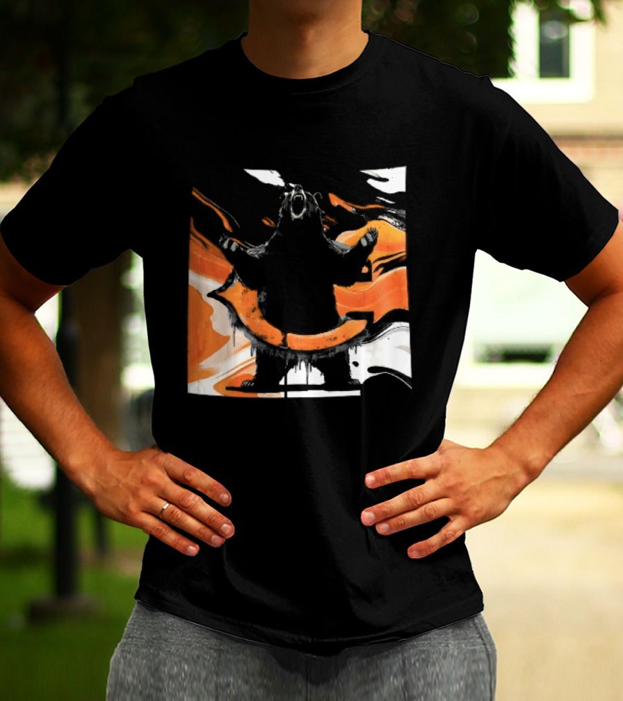 Roaring Black Bear Orange Liquid Swirls Dripping Banner T-Shirt