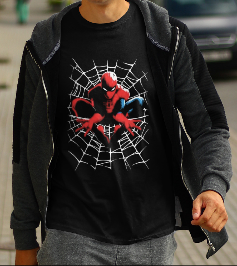 Marvel Spider Man Crouching Red Blue White Web Black T-Shirt