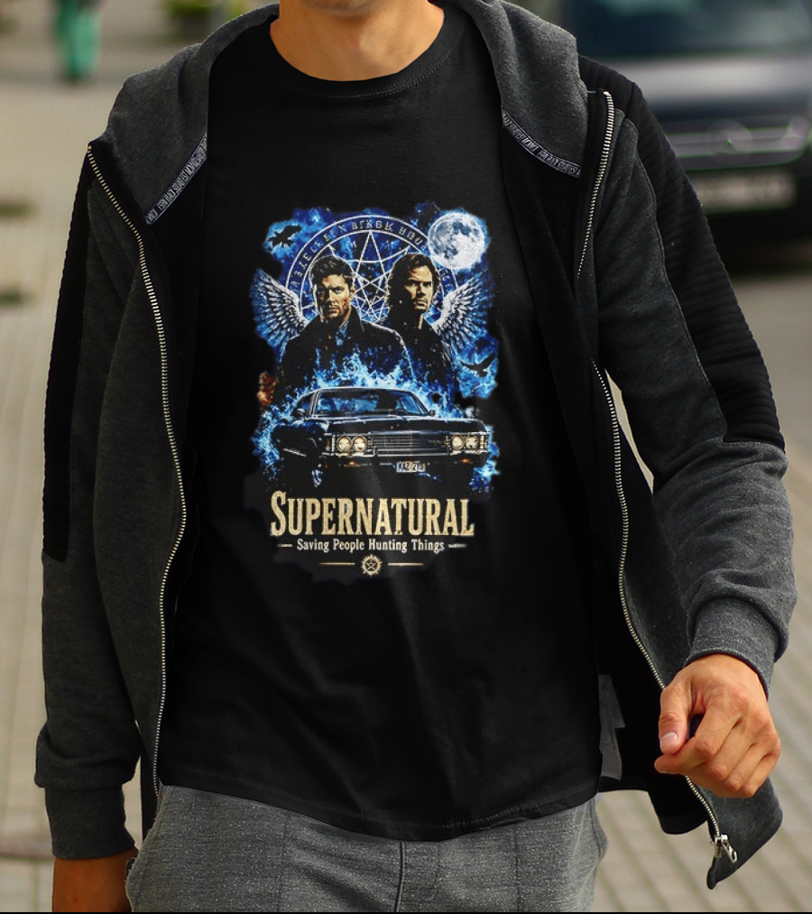 Supernatural Saving People Hunting Things Sam Dean Winchester Angelic Wings Moon Impala T-Shirt