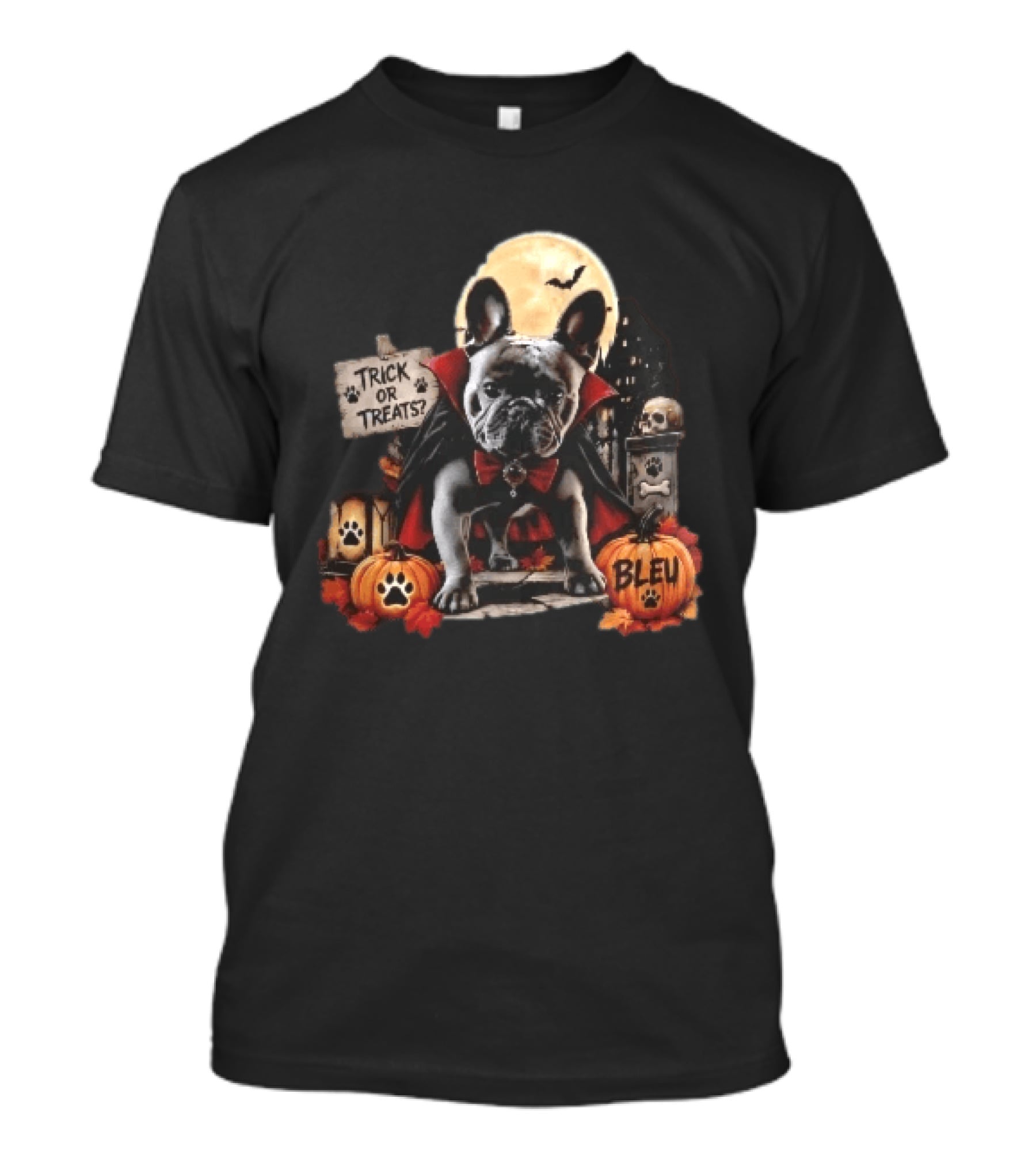 Trick Or Treats Bleu French Bulldog Vampire Cape Moon Pumpkins Halloween Scene T-Shirt