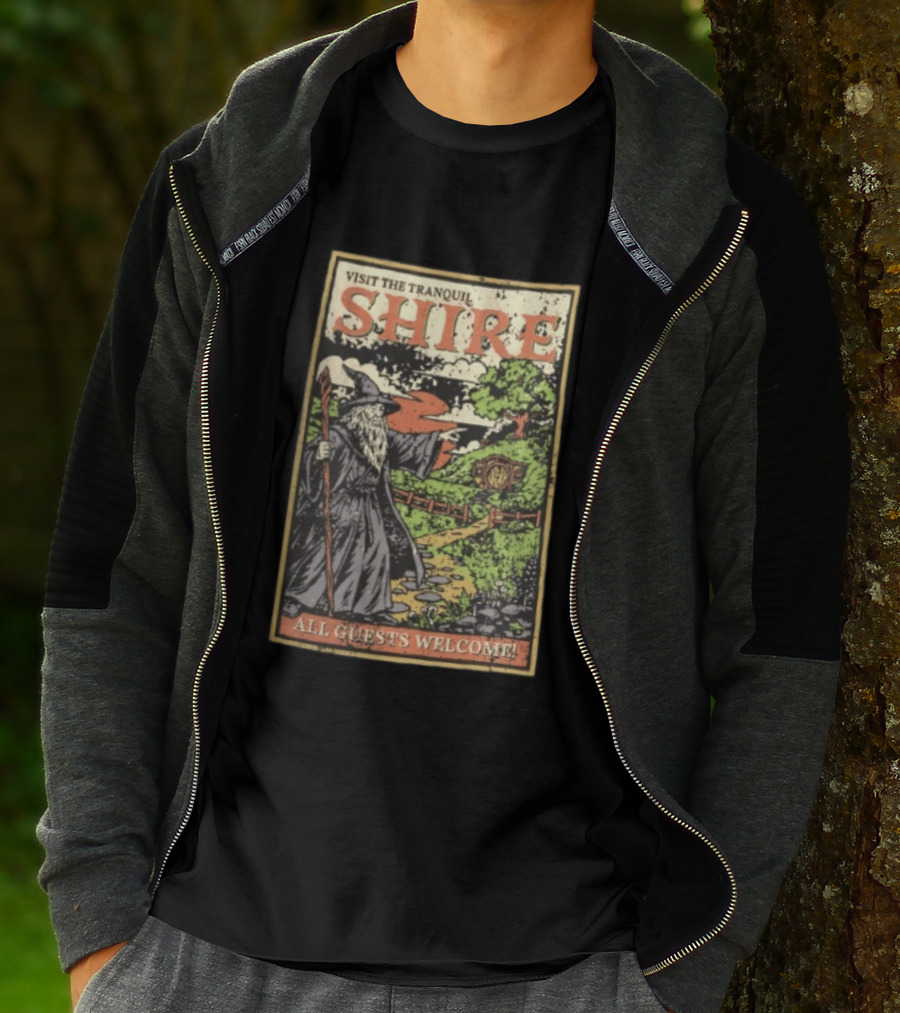Visit The Tranquil Shire All Guests Welcome Gandalf Hobbit Hole Scene T-Shirt