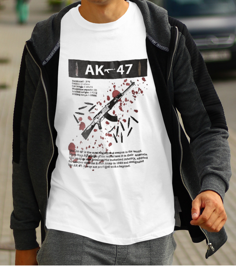 AK 47 1949 Rifle Sketch Red Blood Splatter Bullets Widespread Weapon Statistics T-Shirt