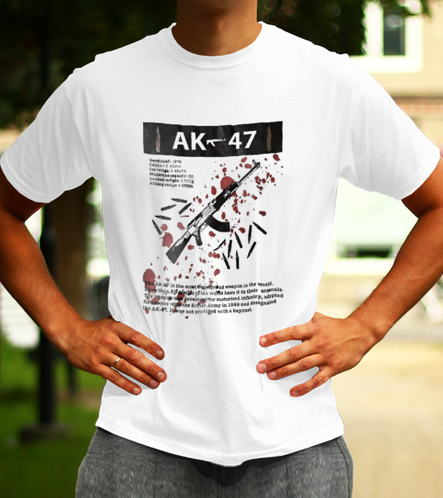 AK 47 1949 Rifle Sketch Red Blood Splatter Bullets Widespread Weapon Statistics T-Shirt