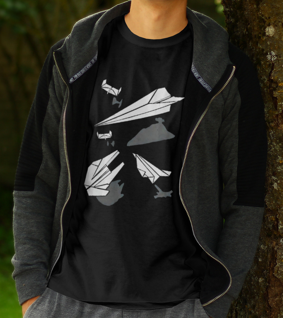 White Origami Paper Airplanes Star Wars Spaceship Shadow Illusions T-Shirt