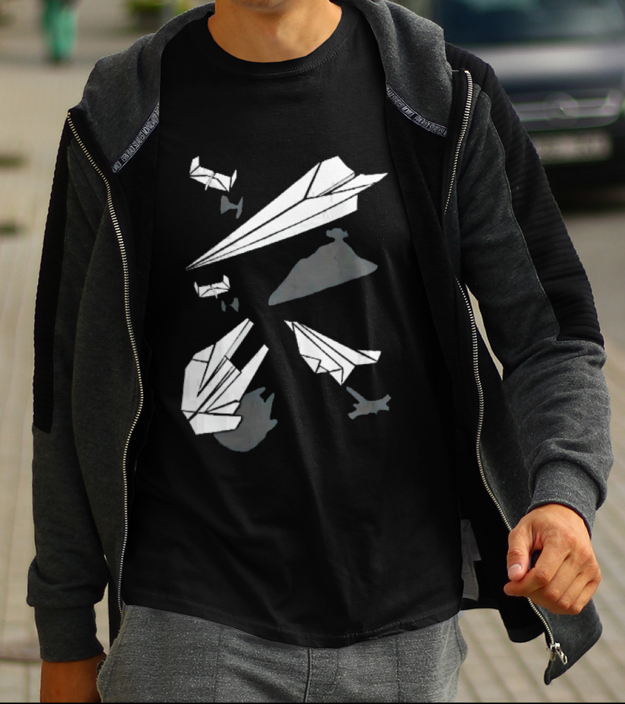 White Origami Paper Airplanes Star Wars Spaceship Shadow Illusions T-Shirt