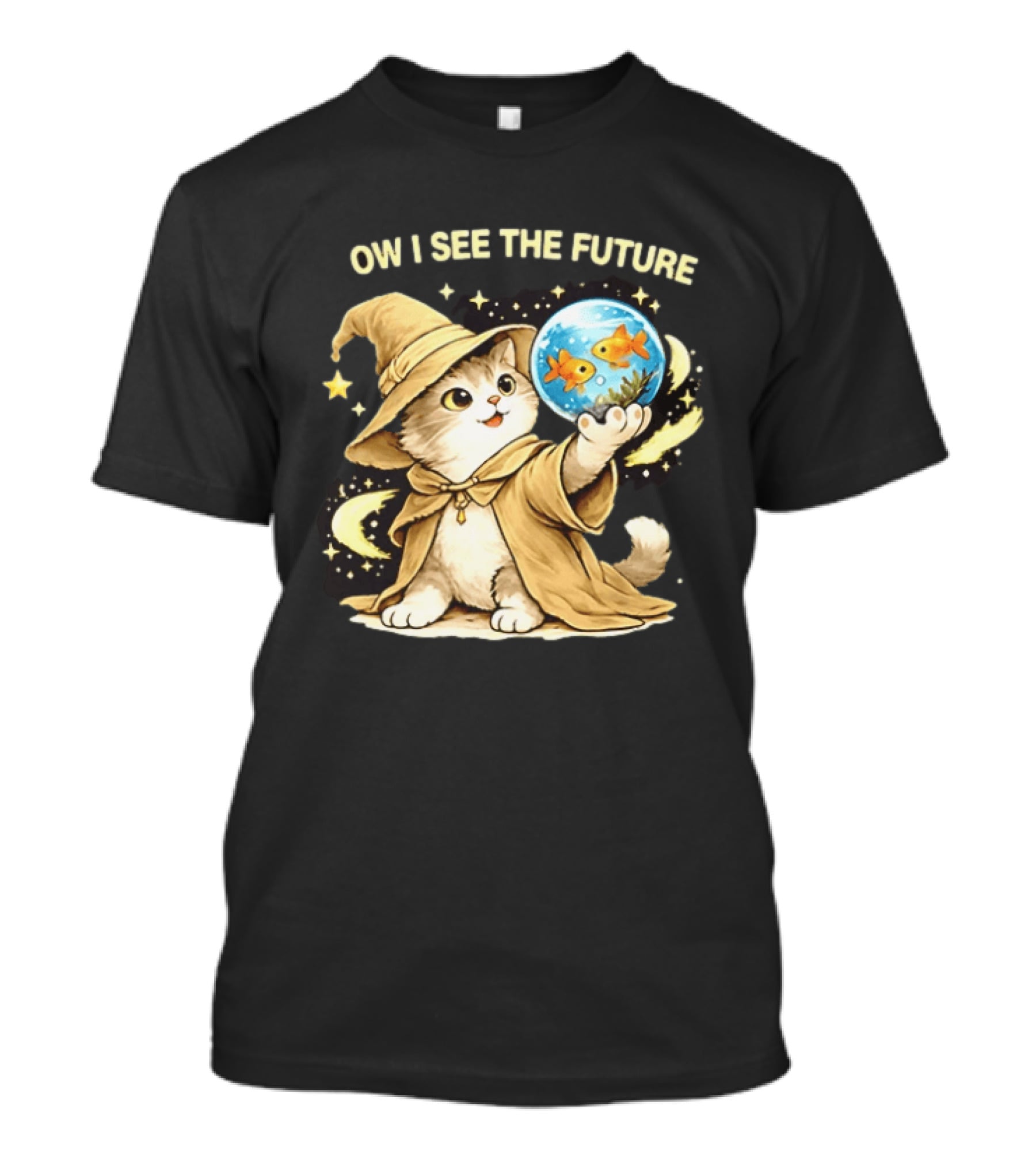 Wizard Cat Halloween Ow I See The Future Goldfish T-Shirt