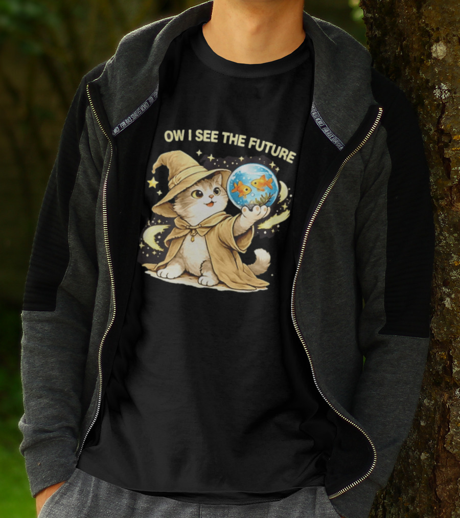 Wizard Cat Halloween Ow I See The Future Goldfish T-Shirt
