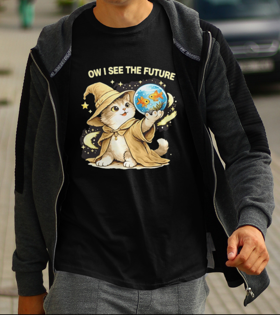 Wizard Cat Halloween Ow I See The Future Goldfish T-Shirt