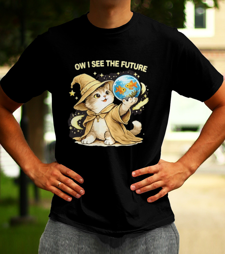 Wizard Cat Halloween Ow I See The Future Goldfish T-Shirt