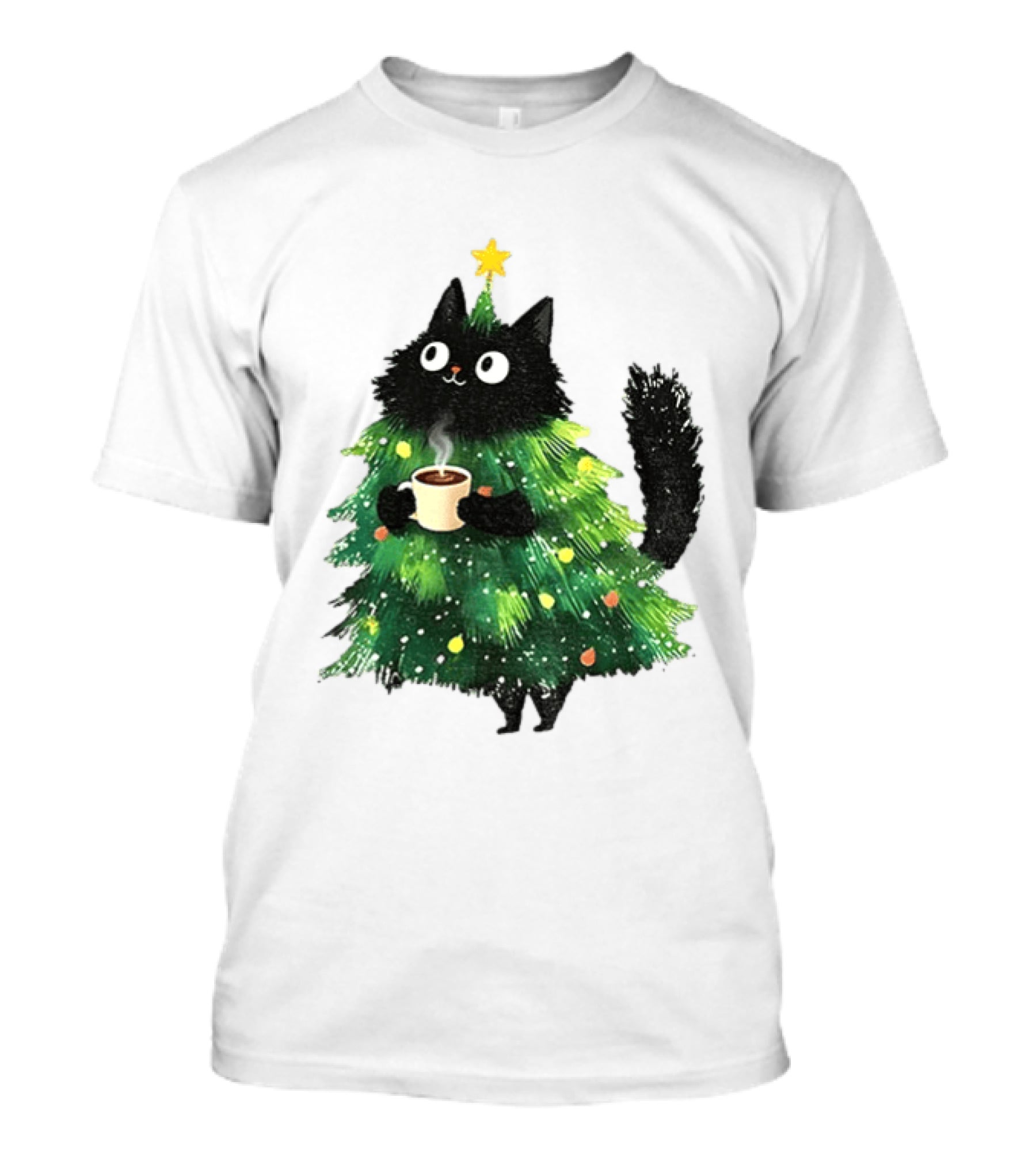 Black Cat Christmas Tree With Hot Coffee Cup T-Shirt