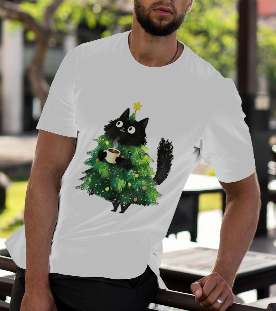 Black Cat Christmas Tree With Hot Coffee Cup T-Shirt