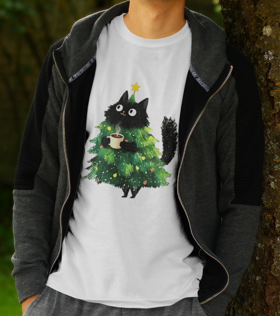 Black Cat Christmas Tree With Hot Coffee Cup T-Shirt