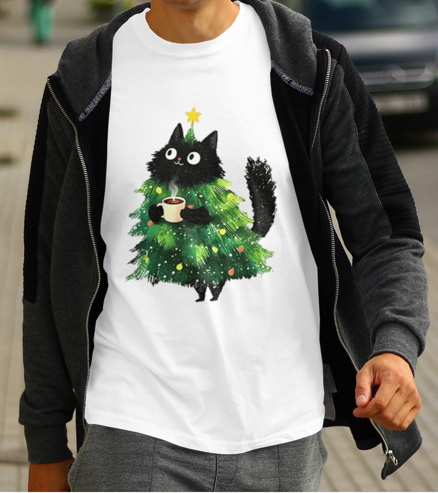 Black Cat Christmas Tree With Hot Coffee Cup T-Shirt
